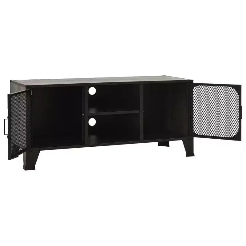 Meuble TV industriel CLIHOME et table console avec 2 portes en maille métallique, meuble de divertissement avec armoire de rangement
