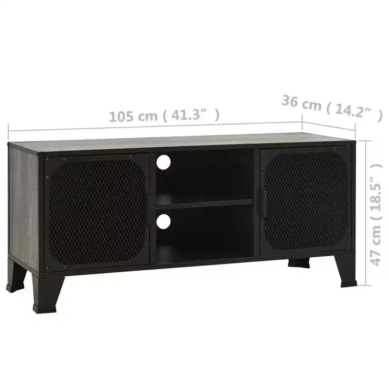 Meuble TV industriel CLIHOME et table console avec 2 portes en maille métallique, meuble de divertissement avec armoire de rangement