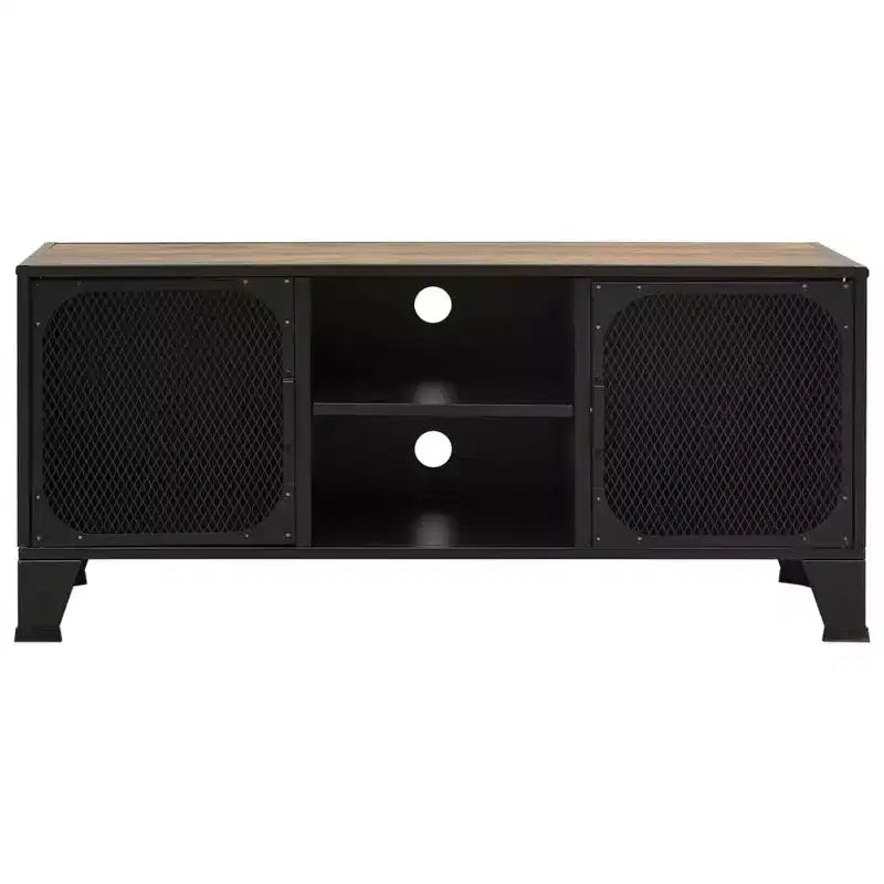 Meuble TV industriel CLIHOME et table console avec 2 portes en maille métallique, meuble de divertissement avec armoire de rangement