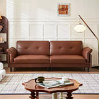 Canapé Chesterfield 228 cm en cuir marron de style Mid-Century avec extérieur en bois massif et capitonnage fait main, canapé d'angle rétro en cuir 4 places pour salon