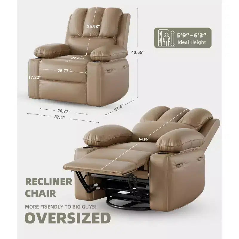 Fauteuil inclinable électrique 22/27 avec fonction chauffante et massante. Pivote à 360°, bascule, dispose d'un porte-gobelet et d'un revêtement en similicuir, idéal pour le salon, la chambre ou la chambre de bébé.