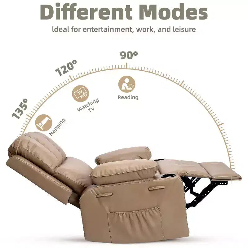 Fauteuil inclinable électrique 22/27 avec fonction chauffante et massante. Pivote à 360°, bascule, dispose d'un porte-gobelet et d'un revêtement en similicuir, idéal pour le salon, la chambre ou la chambre de bébé.