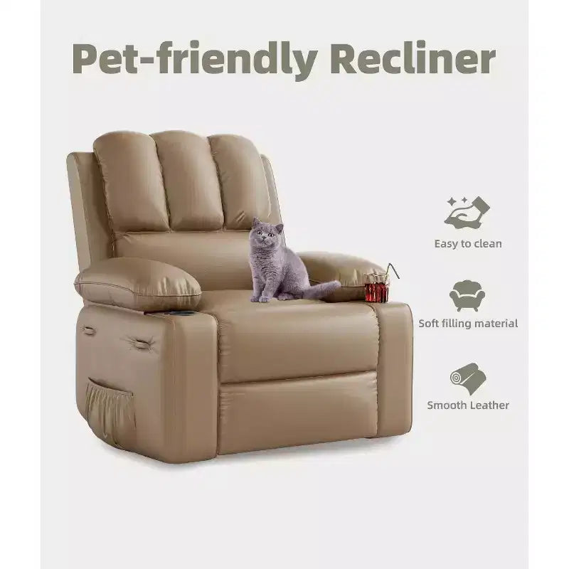 Fauteuil inclinable électrique 22/27 avec fonction chauffante et massante. Pivote à 360°, bascule, dispose d'un porte-gobelet et d'un revêtement en similicuir, idéal pour le salon, la chambre ou la chambre de bébé.