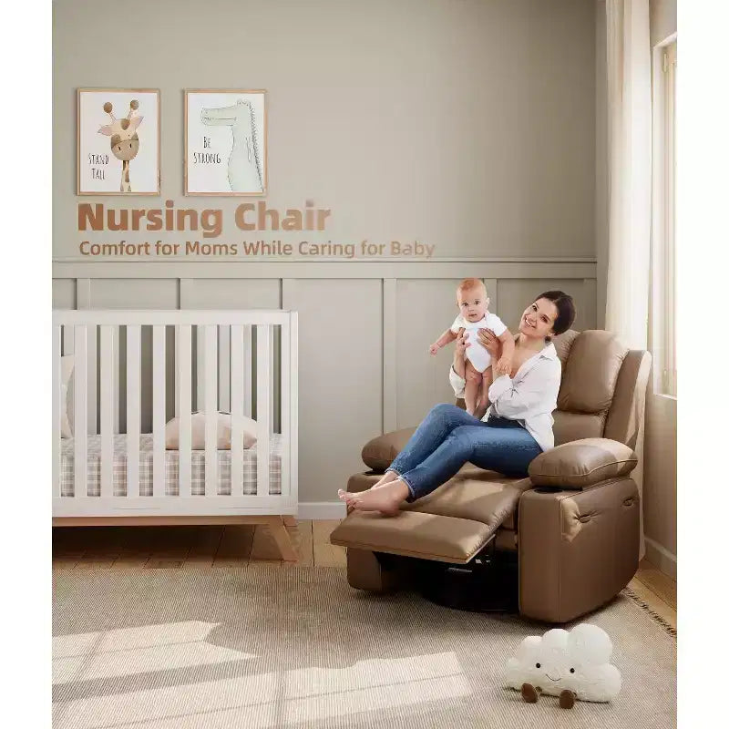Fauteuil inclinable électrique 22/27 avec fonction chauffante et massante. Pivote à 360°, bascule, dispose d'un porte-gobelet et d'un revêtement en similicuir, idéal pour le salon, la chambre ou la chambre de bébé.