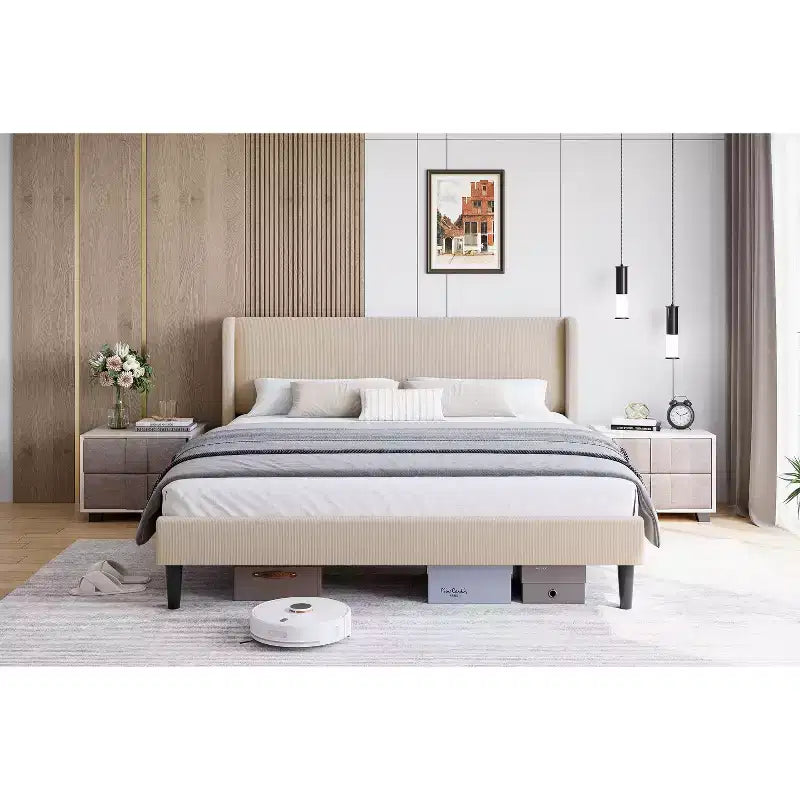 Bed frame with headboard and wing back, striped velvet upholstered bed frame with 2 storage pockets, sturdy wooden slat support, easy to assemble