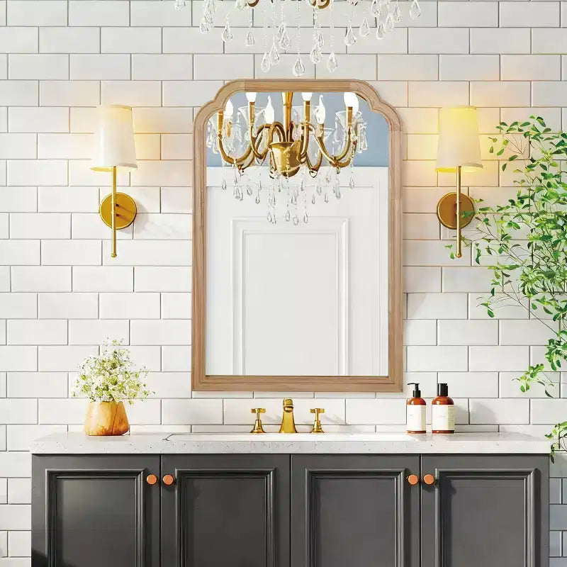 20 x 30 inch Natural Wood Color Solid Wood Frame Rounded Corner Farmhouse Wall Decorative Mirror for Home