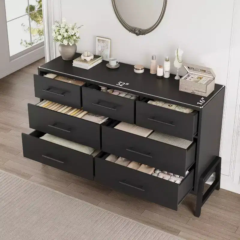 Commode Acekool à 7 tiroirs, Grande commode de rangement moderne avec pieds en R, Meuble de rangement de chambre à coucher