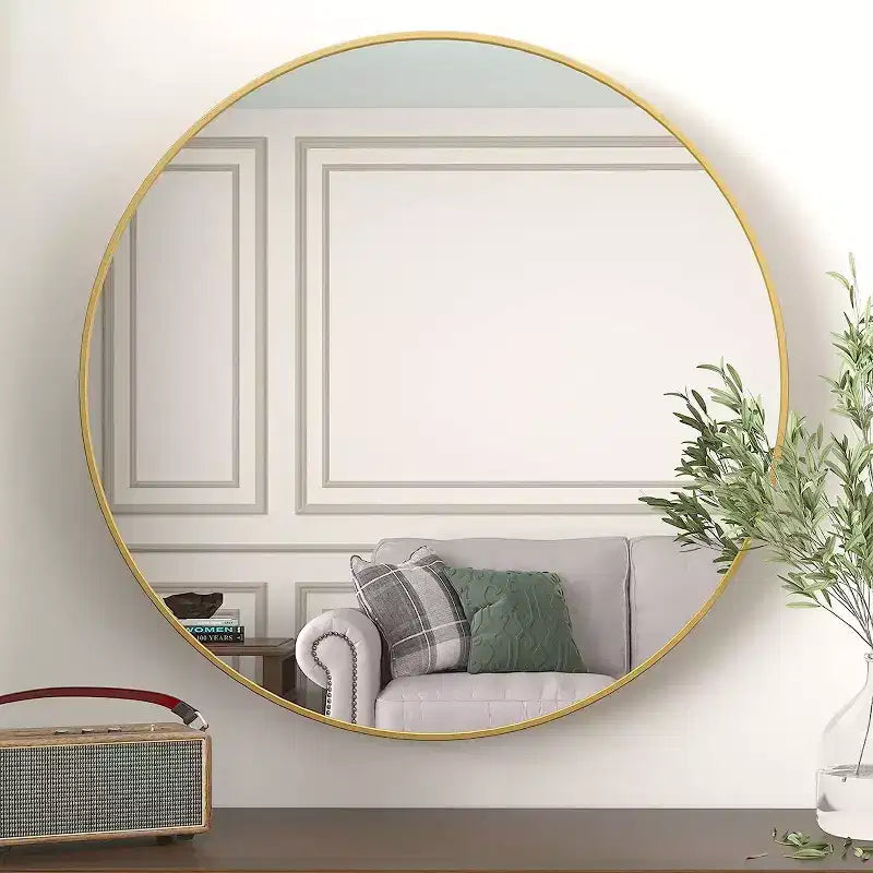 Miroir Mural Rond de 39 Pouces Doré avec Cadre en Aluminium pour Salle de Bain, Coiffeuse, Chambre, Entrée et Salon