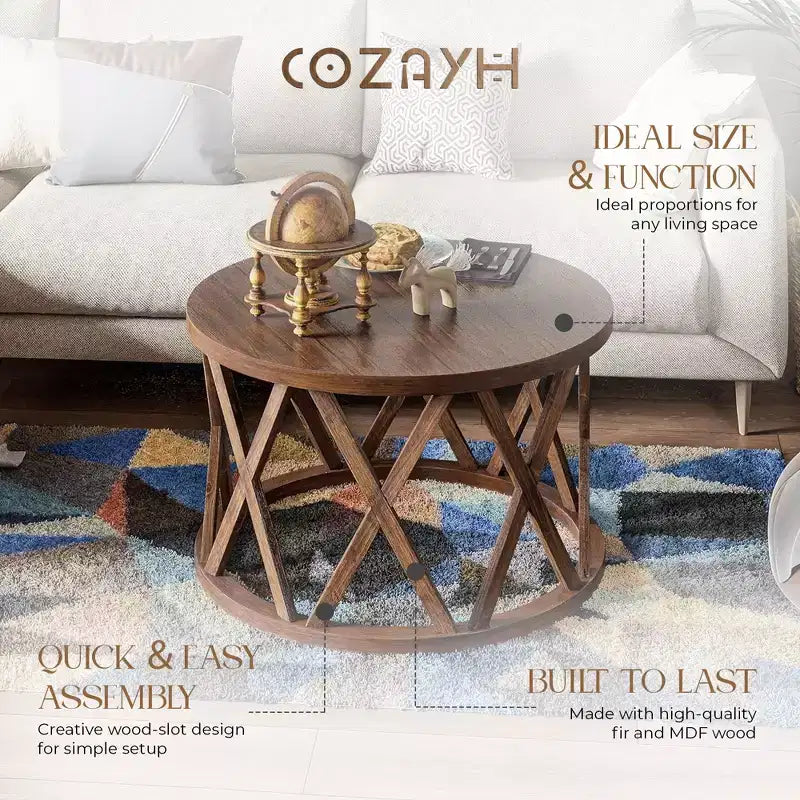 COZAYH Table basse ronde rustique avec base en X pour salon, marron