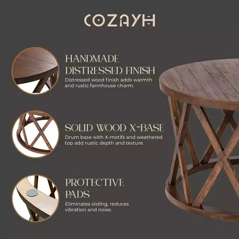 COZAYH Table basse ronde rustique avec base en X pour salon, marron