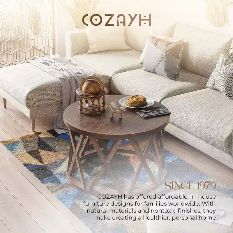COZAYH Table basse ronde rustique avec base en X pour salon, marron