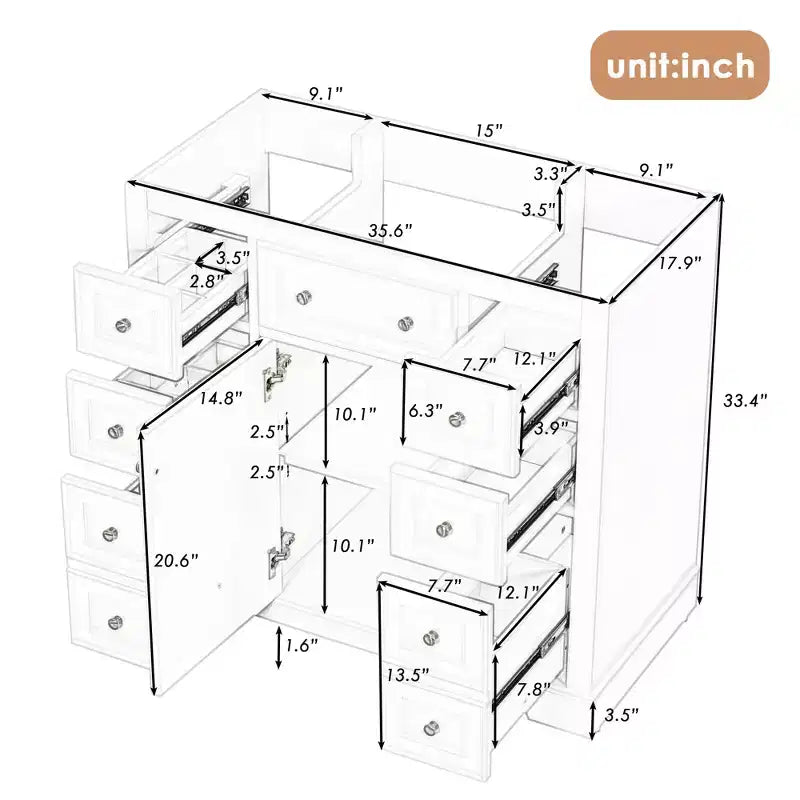 Meuble de salle de bain, meuble sous vasque de 91 cm avec 6 tiroirs, étagère réglable, meuble sous vasque sur pied