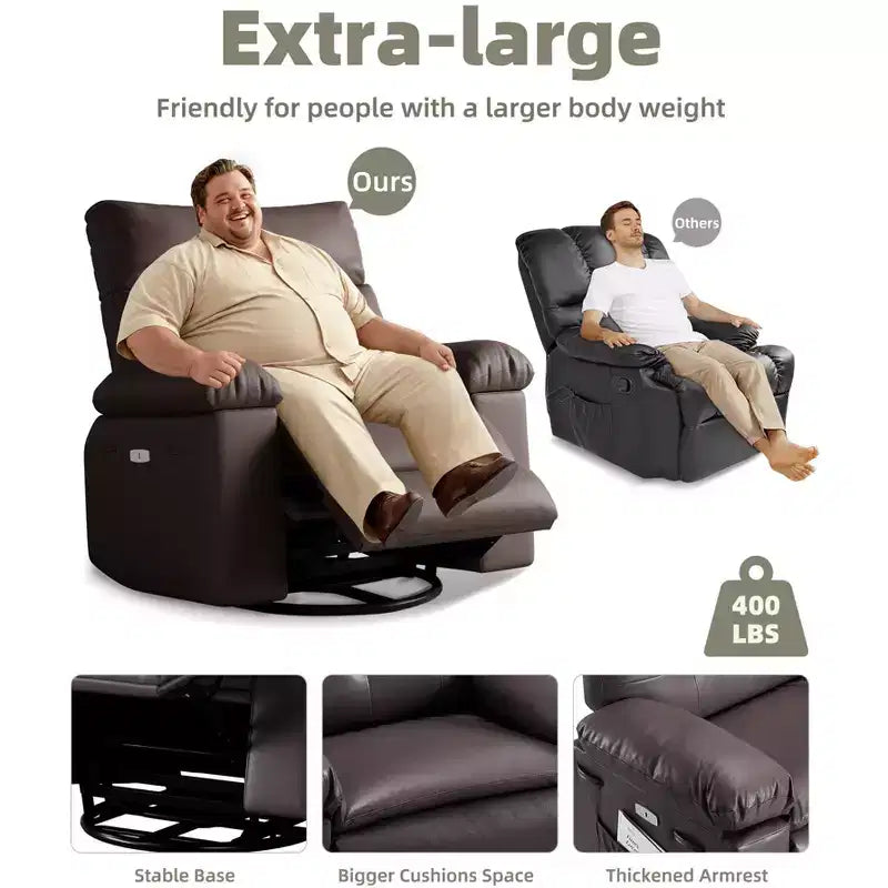 Fauteuil inclinable électrique en similicuir de 37,4 po, fauteuil inclinable réglable, rembourrage en éponge 1,5X, largeur d'assise, porte-gobelets, canapé simple ergonomique