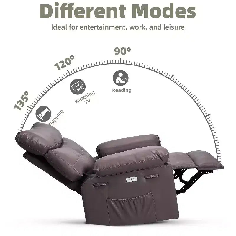 Fauteuil inclinable électrique en similicuir de 37,4 po, fauteuil inclinable réglable, rembourrage en éponge 1,5X, largeur d'assise, porte-gobelets, canapé simple ergonomique