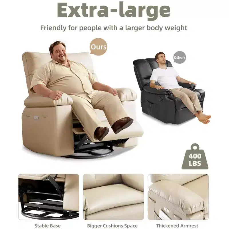 Fauteuil inclinable électrique en similicuir de 37,4 po, fauteuil inclinable réglable, rembourrage en éponge 1,5X, largeur d'assise, porte-gobelets, canapé simple ergonomique