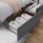 Cadre de lit avec tête de lit et 2 tiroirs de rangement, lit plateforme tapissé avec capacité de 450 kg, sans sommier tapissier, sans bruit, assemblage facile