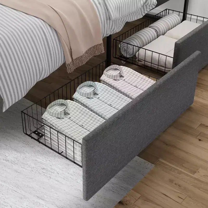 Cadre de lit avec tête de lit et 2 tiroirs de rangement, lit plateforme tapissé avec capacité de 450 kg, sans sommier tapissier, sans bruit, assemblage facile