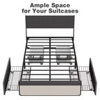 Cadre de lit avec tête de lit et 2 tiroirs de rangement, lit plateforme tapissé avec capacité de 450 kg, sans sommier tapissier, sans bruit, assemblage facile