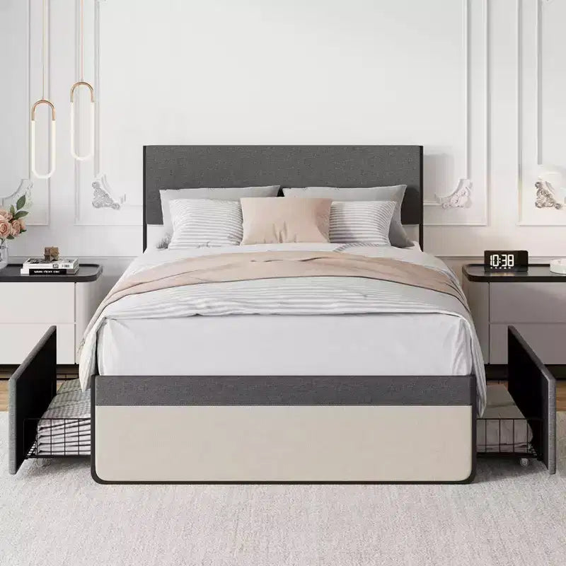 Cadre de lit avec tête de lit et 2 tiroirs de rangement, lit plateforme tapissé avec capacité de 450 kg, sans sommier tapissier, sans bruit, assemblage facile