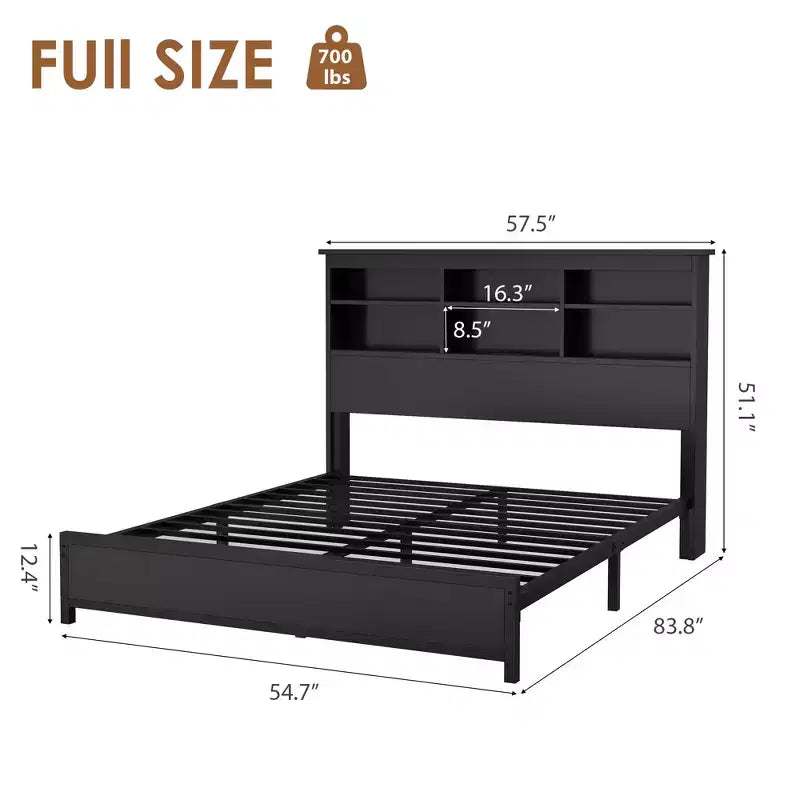 Cadre de lit avec tête de lit bibliothèque, station de charge USB et Type-C intégrée, rangement sous le lit, capacité de 317 kg, pas besoin de sommier tapissier, noir