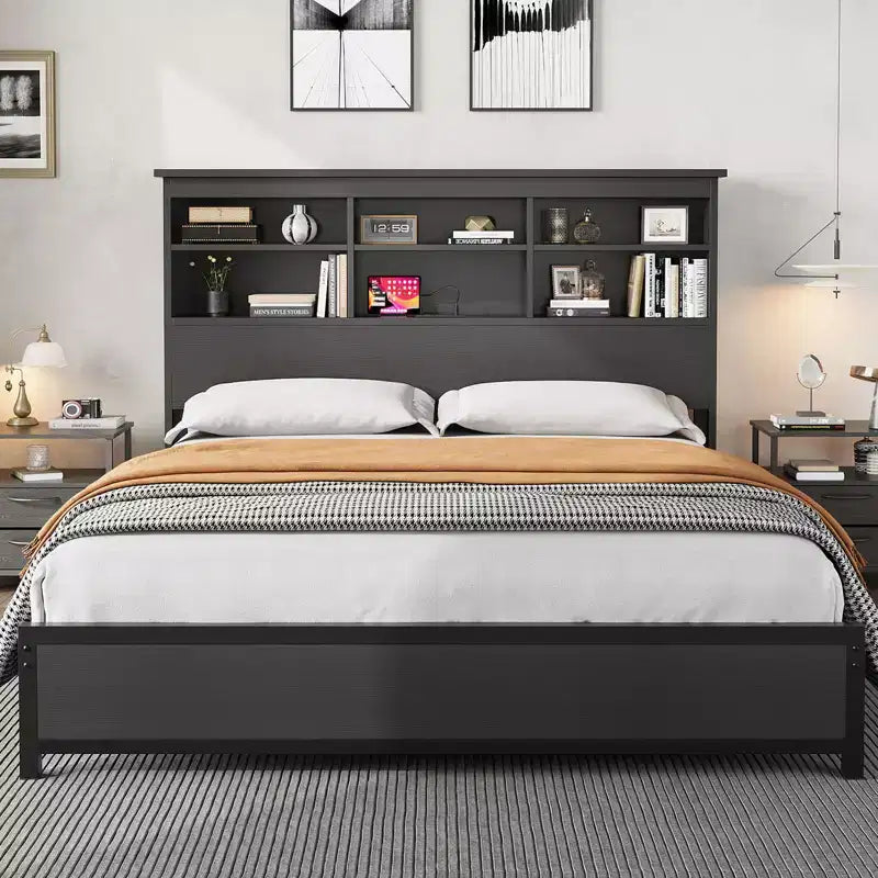 Cadre de lit avec tête de lit bibliothèque, station de charge USB et Type-C intégrée, rangement sous le lit, capacité de 317 kg, pas besoin de sommier tapissier, noir