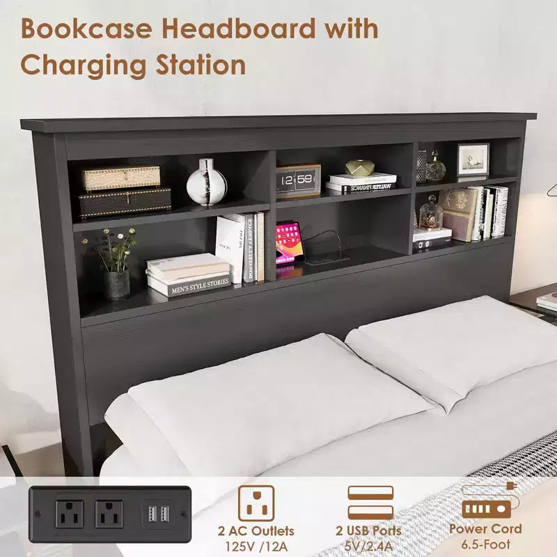 Cadre de lit avec tête de lit bibliothèque, station de charge USB et Type-C intégrée, rangement sous le lit, capacité de 317 kg, pas besoin de sommier tapissier, noir