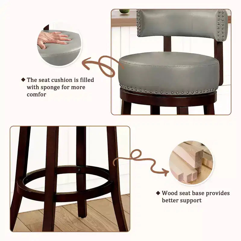Tabouret de bar pivotant CLIHOME de 76 cm avec garniture cloutée et siège rembourré en similicuir