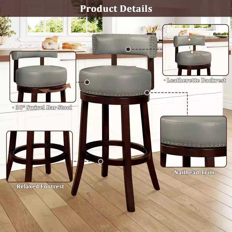 Tabouret de bar pivotant CLIHOME de 76 cm avec garniture cloutée et siège rembourré en similicuir