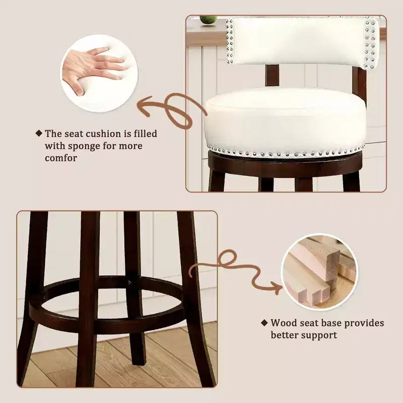 Tabouret de bar pivotant CLIHOME de 76 cm avec garniture cloutée et siège rembourré en similicuir