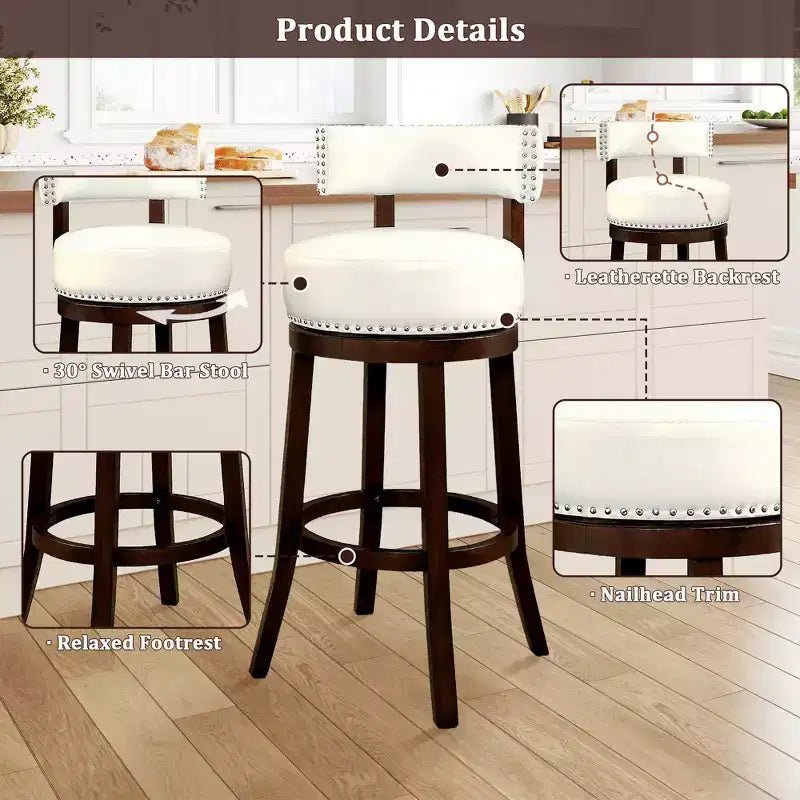 Tabouret de bar pivotant CLIHOME de 76 cm avec garniture cloutée et siège rembourré en similicuir