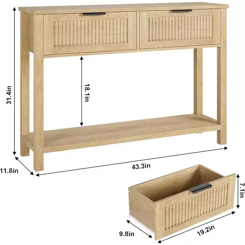 Console de 109,9 cm avec 2 tiroirs, table d'entrée rustique de ferme étroite, table de canapé moderne en bois et métal avec étagère, table d'entrée étroite.