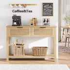 Console de 109,9 cm avec 2 tiroirs, table d'entrée rustique de ferme étroite, table de canapé moderne en bois et métal avec étagère, table d'entrée étroite.