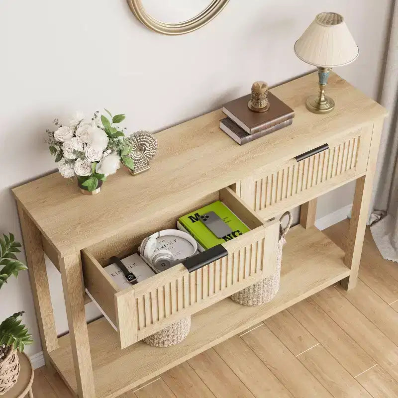 Console de 109,9 cm avec 2 tiroirs, table d'entrée rustique de ferme étroite, table de canapé moderne en bois et métal avec étagère, table d'entrée étroite.