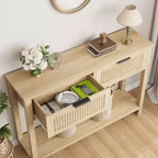 Console de 109,9 cm avec 2 tiroirs, table d'entrée rustique de ferme étroite, table de canapé moderne en bois et métal avec étagère, table d'entrée étroite.