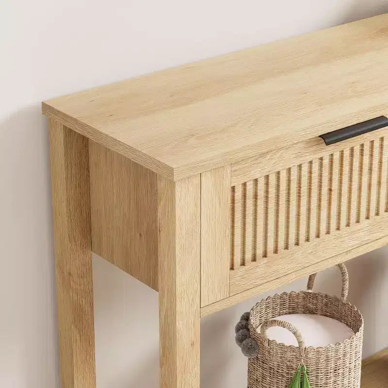 Console de 109,9 cm avec 2 tiroirs, table d'entrée rustique de ferme étroite, table de canapé moderne en bois et métal avec étagère, table d'entrée étroite.