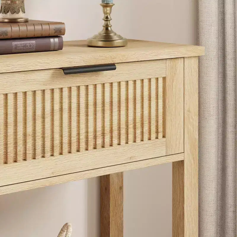 Console de 109,9 cm avec 2 tiroirs, table d'entrée rustique de ferme étroite, table de canapé moderne en bois et métal avec étagère, table d'entrée étroite.