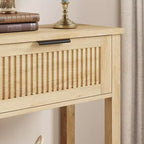 Console de 109,9 cm avec 2 tiroirs, table d'entrée rustique de ferme étroite, table de canapé moderne en bois et métal avec étagère, table d'entrée étroite.
