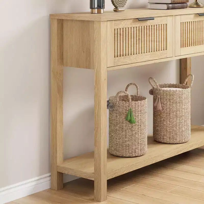 Console de 109,9 cm avec 2 tiroirs, table d'entrée rustique de ferme étroite, table de canapé moderne en bois et métal avec étagère, table d'entrée étroite.
