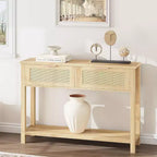 Console de canapé en rotin 43'', table d'entrée 2 tiroirs avec surface en rotin synthétique, étagère ouverte, rangement pour entrée/couloir derrière le canapé