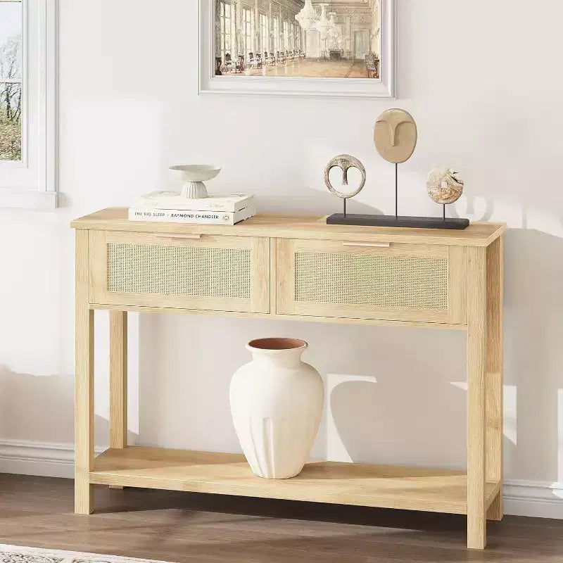Console de canapé en rotin 43'', table d'entrée 2 tiroirs avec surface en rotin synthétique, étagère ouverte, rangement pour entrée/couloir derrière le canapé