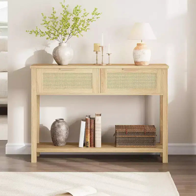 Console de canapé en rotin 43'', table d'entrée 2 tiroirs avec surface en rotin synthétique, étagère ouverte, rangement pour entrée/couloir derrière le canapé