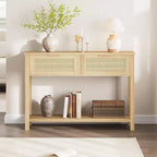 Console de canapé en rotin 43'', table d'entrée 2 tiroirs avec surface en rotin synthétique, étagère ouverte, rangement pour entrée/couloir derrière le canapé