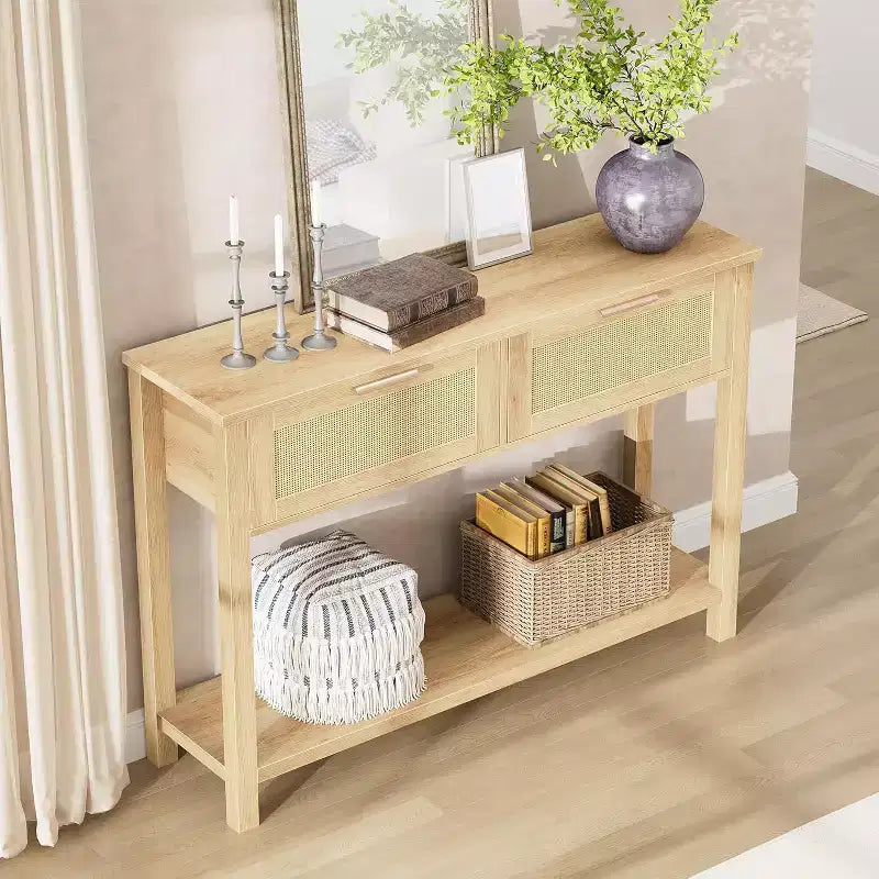 Console de canapé en rotin 43'', table d'entrée 2 tiroirs avec surface en rotin synthétique, étagère ouverte, rangement pour entrée/couloir derrière le canapé