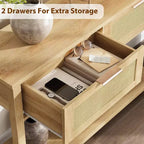 Console de canapé en rotin 43'', table d'entrée 2 tiroirs avec surface en rotin synthétique, étagère ouverte, rangement pour entrée/couloir derrière le canapé