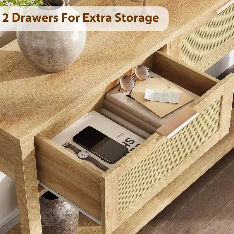 Console de canapé en rotin 43'', table d'entrée 2 tiroirs avec surface en rotin synthétique, étagère ouverte, rangement pour entrée/couloir derrière le canapé
