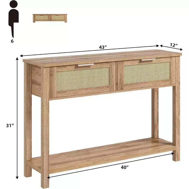 Console de canapé en rotin 43'', table d'entrée 2 tiroirs avec surface en rotin synthétique, étagère ouverte, rangement pour entrée/couloir derrière le canapé