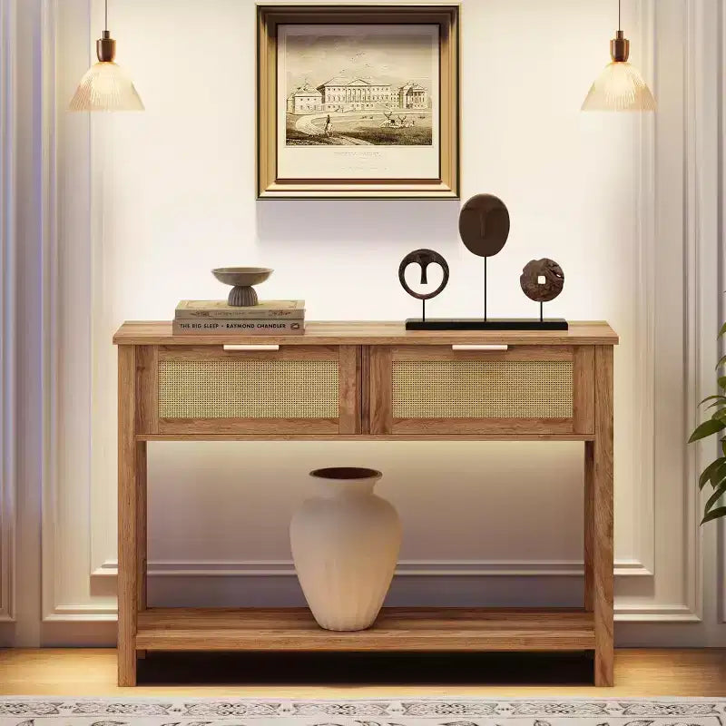 Console de canapé en rotin 43'', table d'entrée 2 tiroirs avec surface en rotin synthétique, étagère ouverte, rangement pour entrée/couloir derrière le canapé