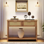 Console de canapé en rotin 43'', table d'entrée 2 tiroirs avec surface en rotin synthétique, étagère ouverte, rangement pour entrée/couloir derrière le canapé