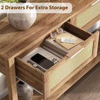 Console de canapé en rotin 43'', table d'entrée 2 tiroirs avec surface en rotin synthétique, étagère ouverte, rangement pour entrée/couloir derrière le canapé