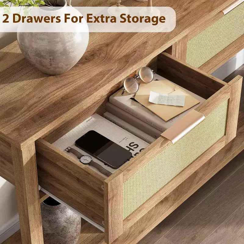 Console de canapé en rotin 43'', table d'entrée 2 tiroirs avec surface en rotin synthétique, étagère ouverte, rangement pour entrée/couloir derrière le canapé
